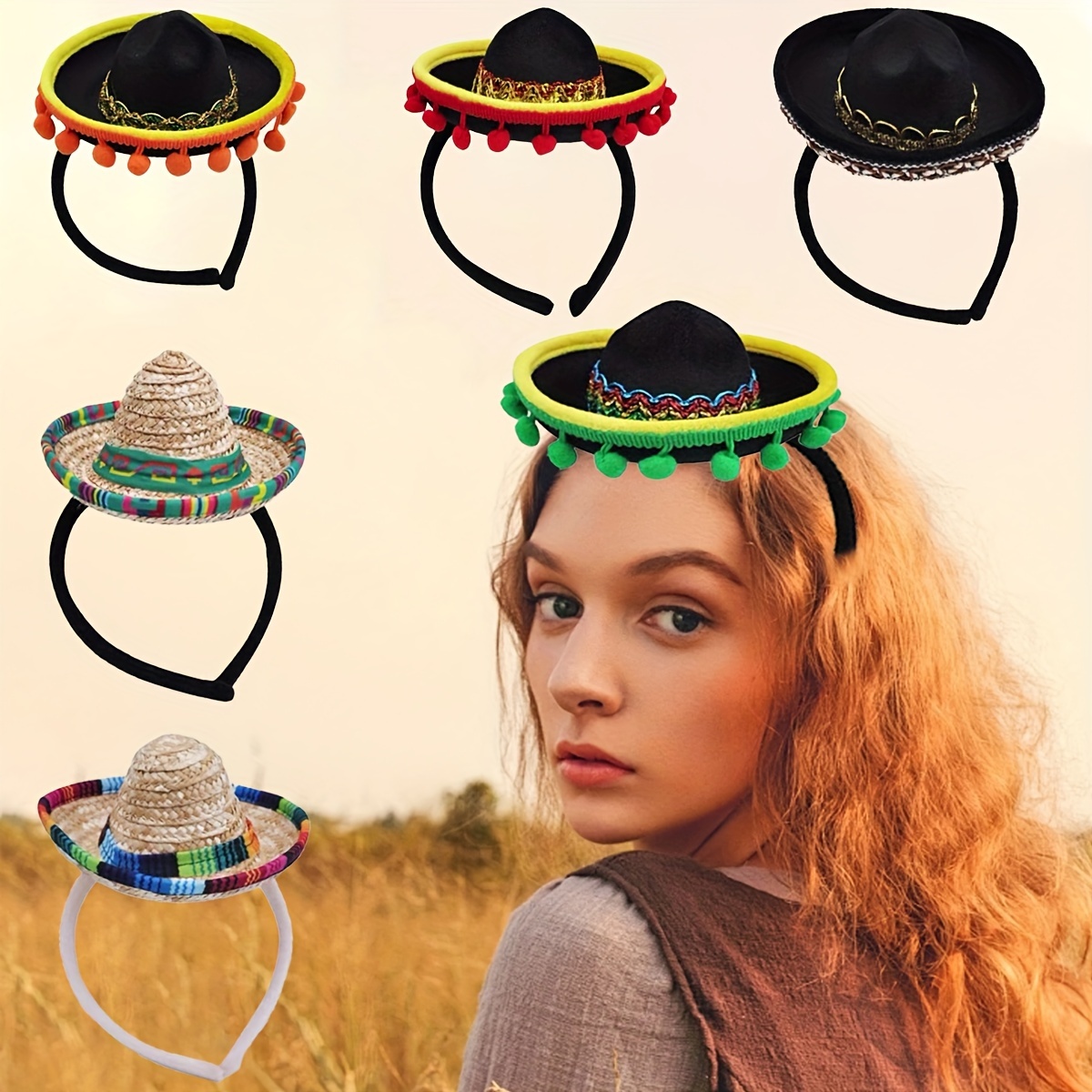 

6pcs Mini Sombrero Hats With Headbands, Mexican Fiesta Party Supplies, Fabric And Straw Wide Hats For Fun Decorations & Photo Props