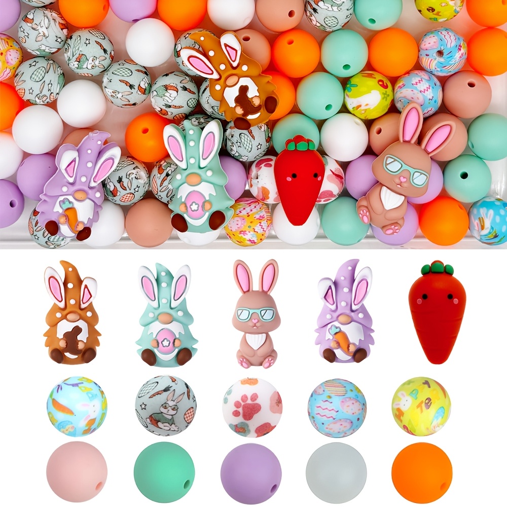 

67pcs Easter Bunny & Gnome Theme Silicone Beads Kit, 3d Easter Bunny & Gnome Dwarf & Carrot & Rabbit Print Shaped Silicone Beads Bulk For Jewelry Making, Keychain Making