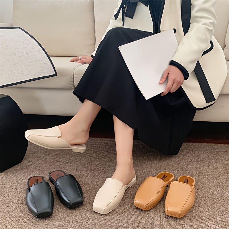 Women's PU Cover Slip-On Mules Elegant Closed-Toe Semi-Slipper Mules with  Cushioned Insole Arch, TPR Sole Indoor/Outdoor House Shoes