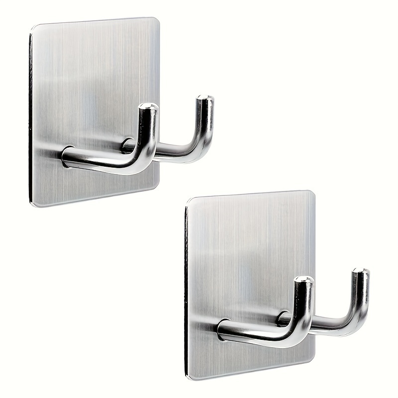 

2pack, Self Adhesive Wall Towel Hooks - Double Bathroom Hook Stainless Steel Stick On Hook Coat Hook Waterproof Razor Holder Shaver Holder Sticky Hook Anti-rust Kitchen Utensil Hook For Wall