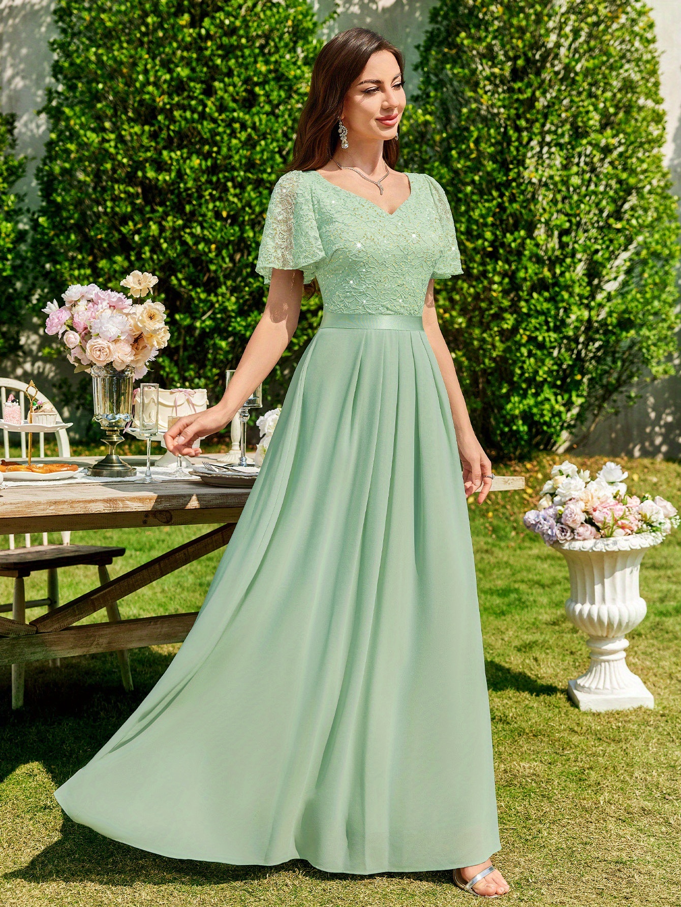 53225 womens elegant lace sequin heart neckline short sleeve - Main Image