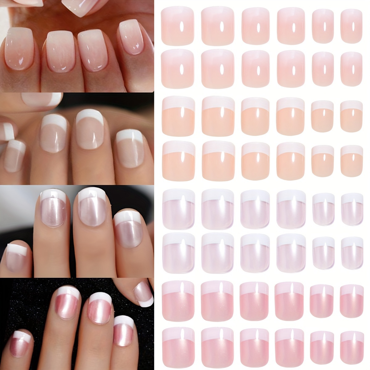 

96pcs(4 Colors) Short Square Press On Nails Acrylic Short Fake Nails Full Cover White French Tip Glitter Nail Gel Fake Nails