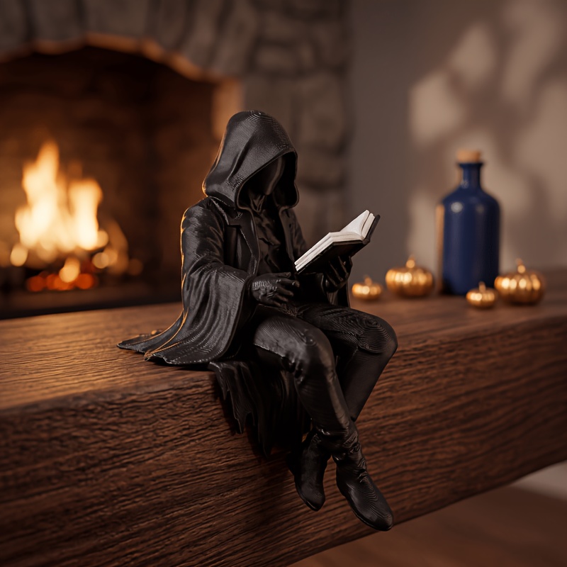 TEMU Black Hooded Reader Statue, Faceless Book Reading Figure, Gothic Academy Bookshelf Decoration, Home Office Library Desktop Ornament, Book Lover