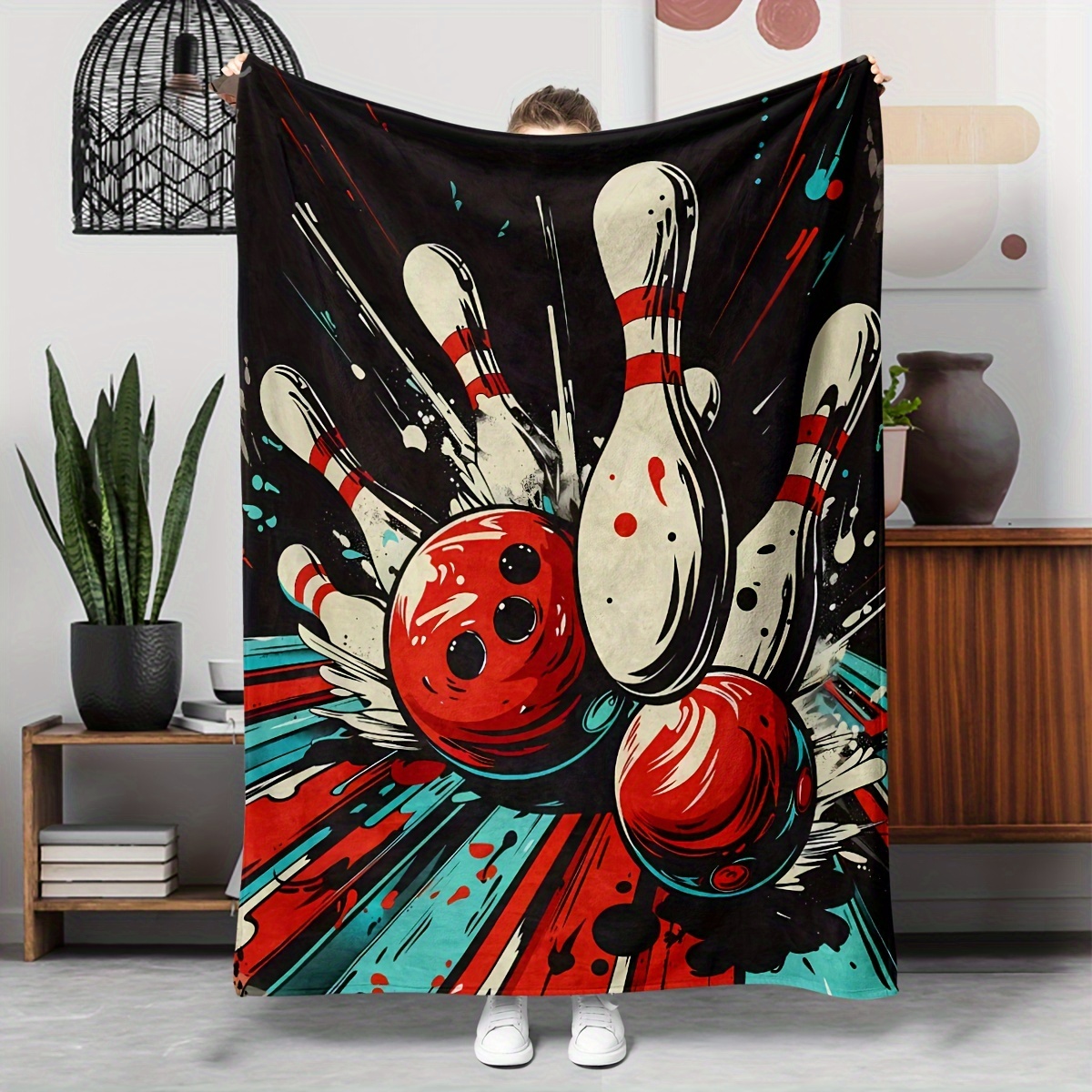 

Contemporary Bowling Print Flannel Throw Blanket - Hypoallergenic, , Machine Washable, Digital Printing, Polyester, Tear Resistant, Multipurpose For Sofa, Bed, Office, Outdoor Camping, Travel - 1pc