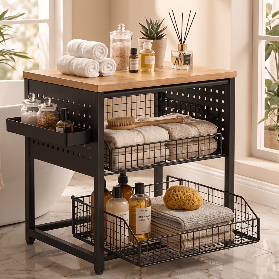 TEMU 3-tier/2-tier Pull-out Mesh Drawer Coffee Pod Storage Baskets, Wooden Countertop Coffee Bar Organizer, Bathroom Vanity & Bath Storage Shelf,