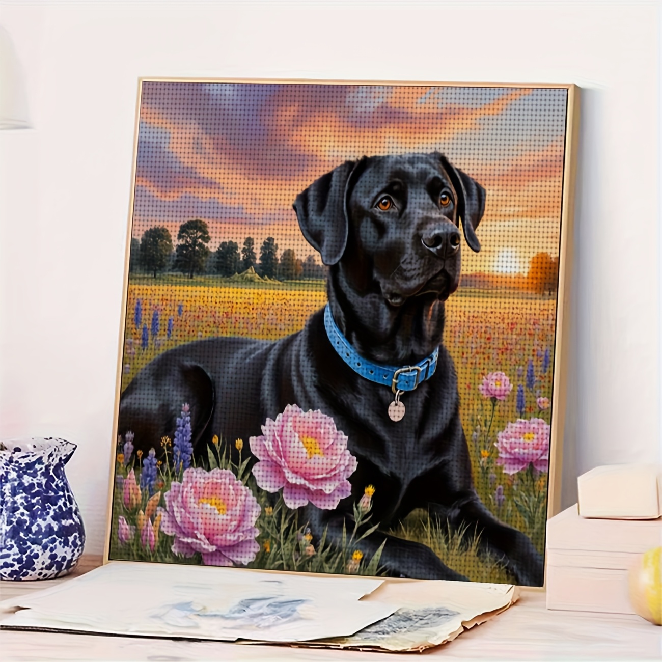 DIY Cross Stitch Kit, Black Dog Lying in Flower Field at Sunset Pattern