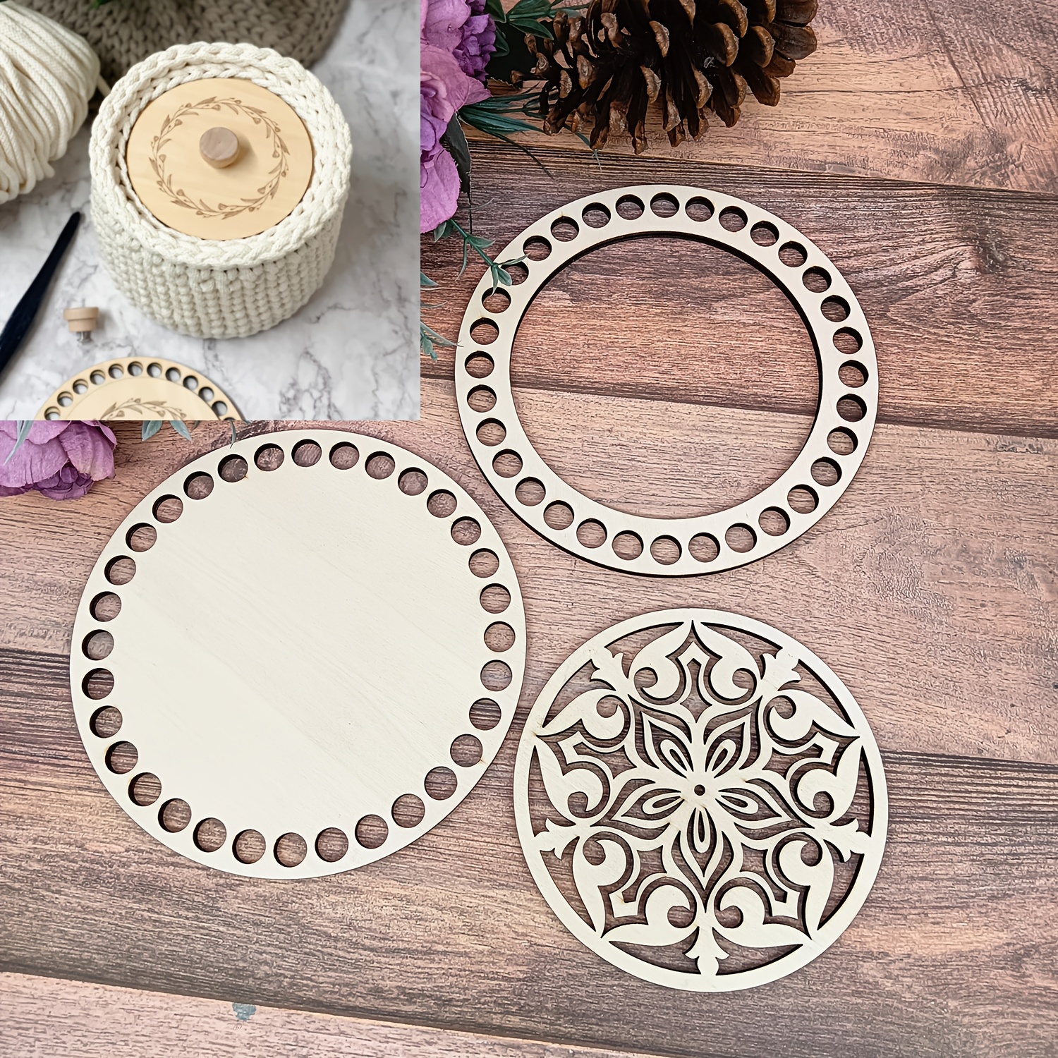 TEMU Set da 3 pezzi base e per cesto in legno lavorato all'uncinetto, traforato con pannelli laterali con foro ad anello, base per cesto in legno