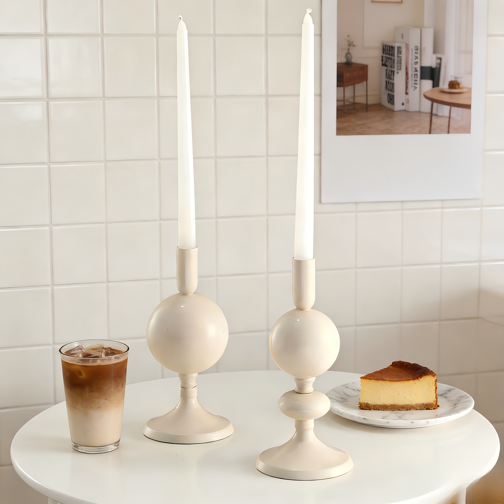 2pcs Set of Modern Spherical Candlesticks, Cream + Sage Green Matte Metal Long-stem Candle Holders, Versatile Tabletop Decorative Ornaments for Dining Tables, Coffee Tables, Weddings, and Parties