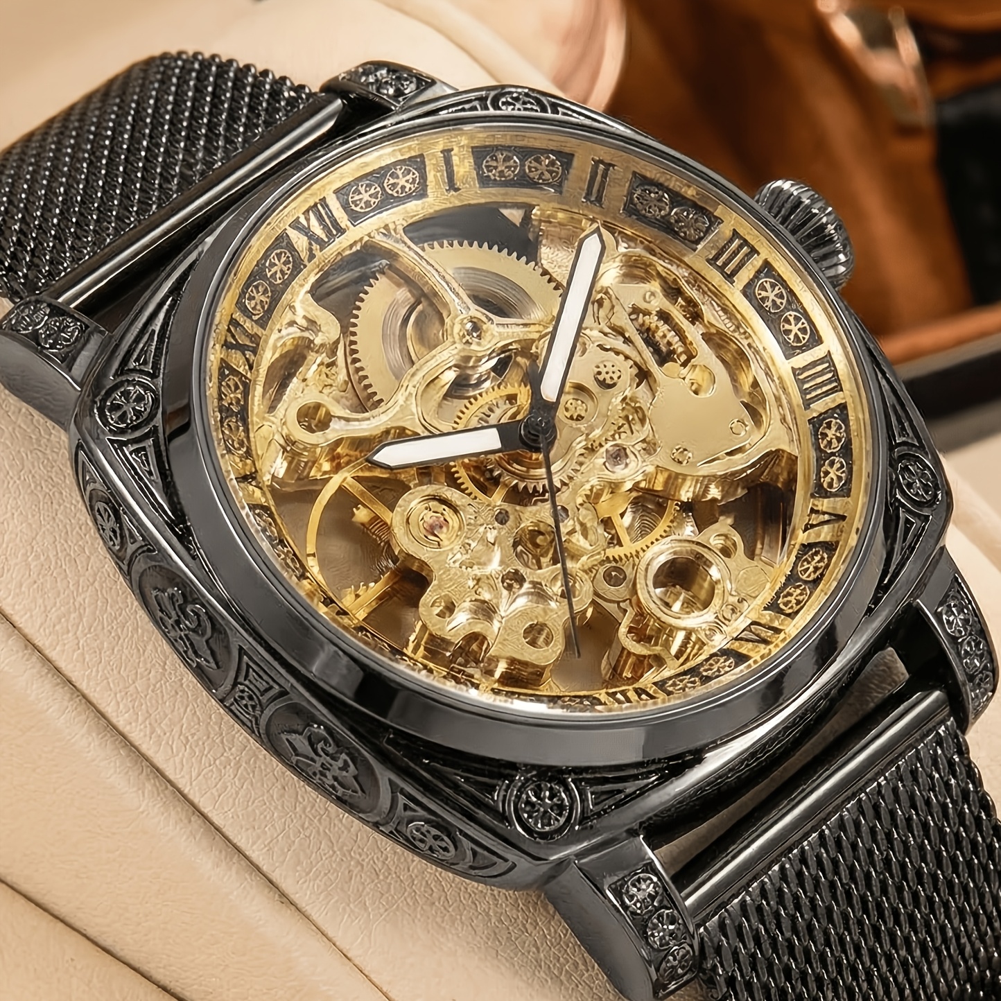 E-shop Herren Gelb Schwarz Mesh Armband Easy Style Carving Vollautomatische Tourbillon Hollow Mechanische Uhr, Ohne Batterie