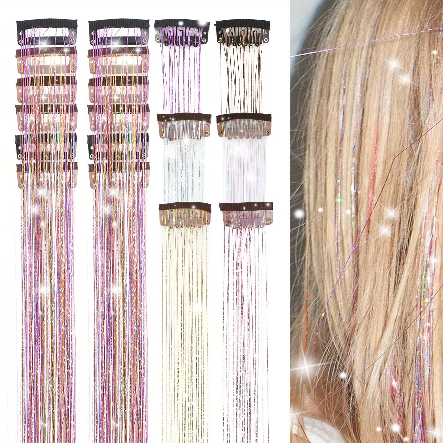 TEMU 12pcs Hair Tinsel Clip In 19.6inch Glitter Tinsel Hair Extensions Clip In Hair Tinsel Kit Heat Resistant Hair Accessories For Women Girls