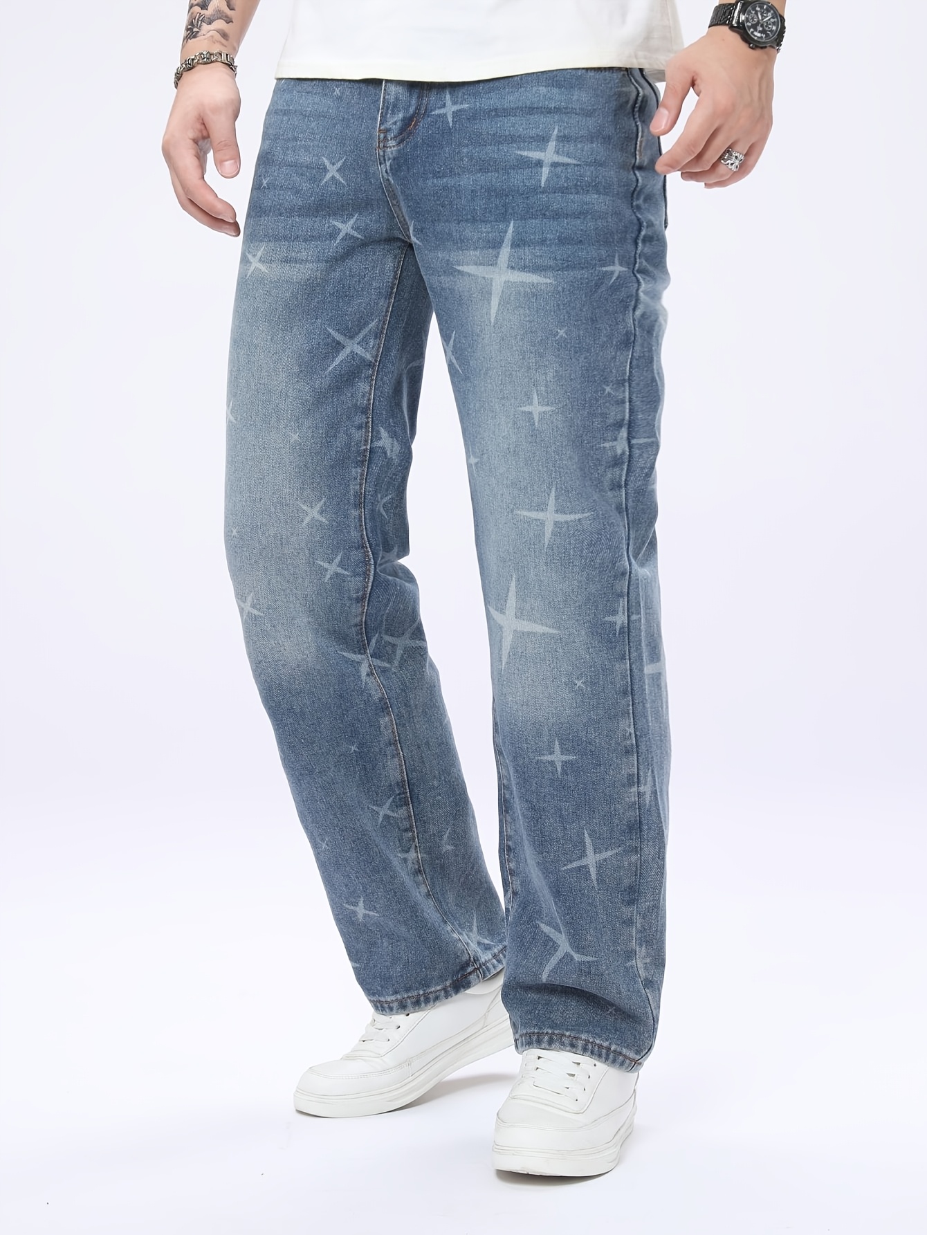 2026 Naujos Vyriškos Džinsai su Žvaigždžių Raštu, Netaisyklingu Visame Paviršiuje Raštu, Mėlyni Skalbto Džinso Kelnes, Netamprios, Tiesios Kojos, Minimalistinis Stilius Visiems Sezonams