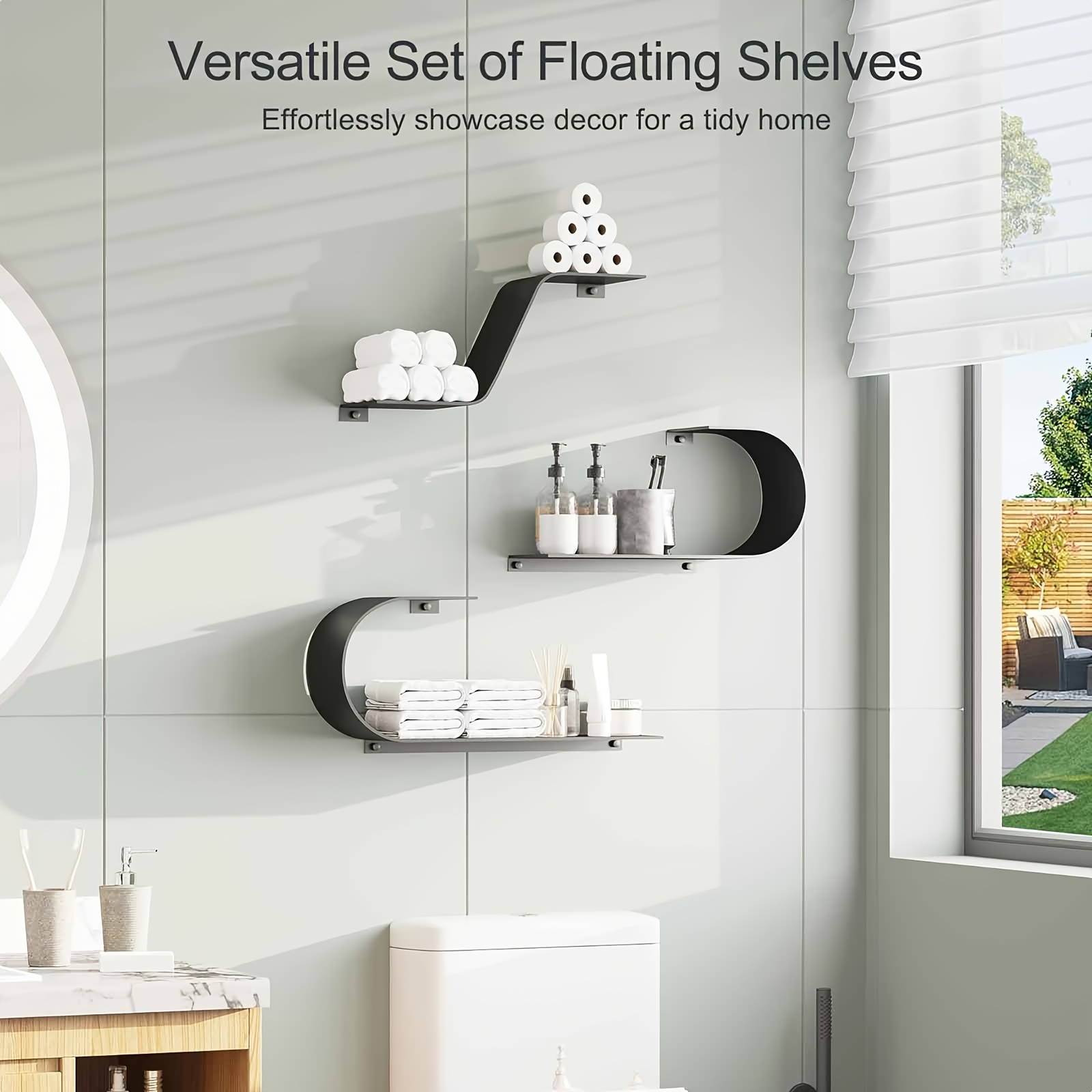 Black Floating Shelves Set of 3, Black Metal Decor, Unique Mounted Floating Shelf, Modern Long Wall Shelf, Large Wall Shelves for Bedroom, Bathroom, Living Room