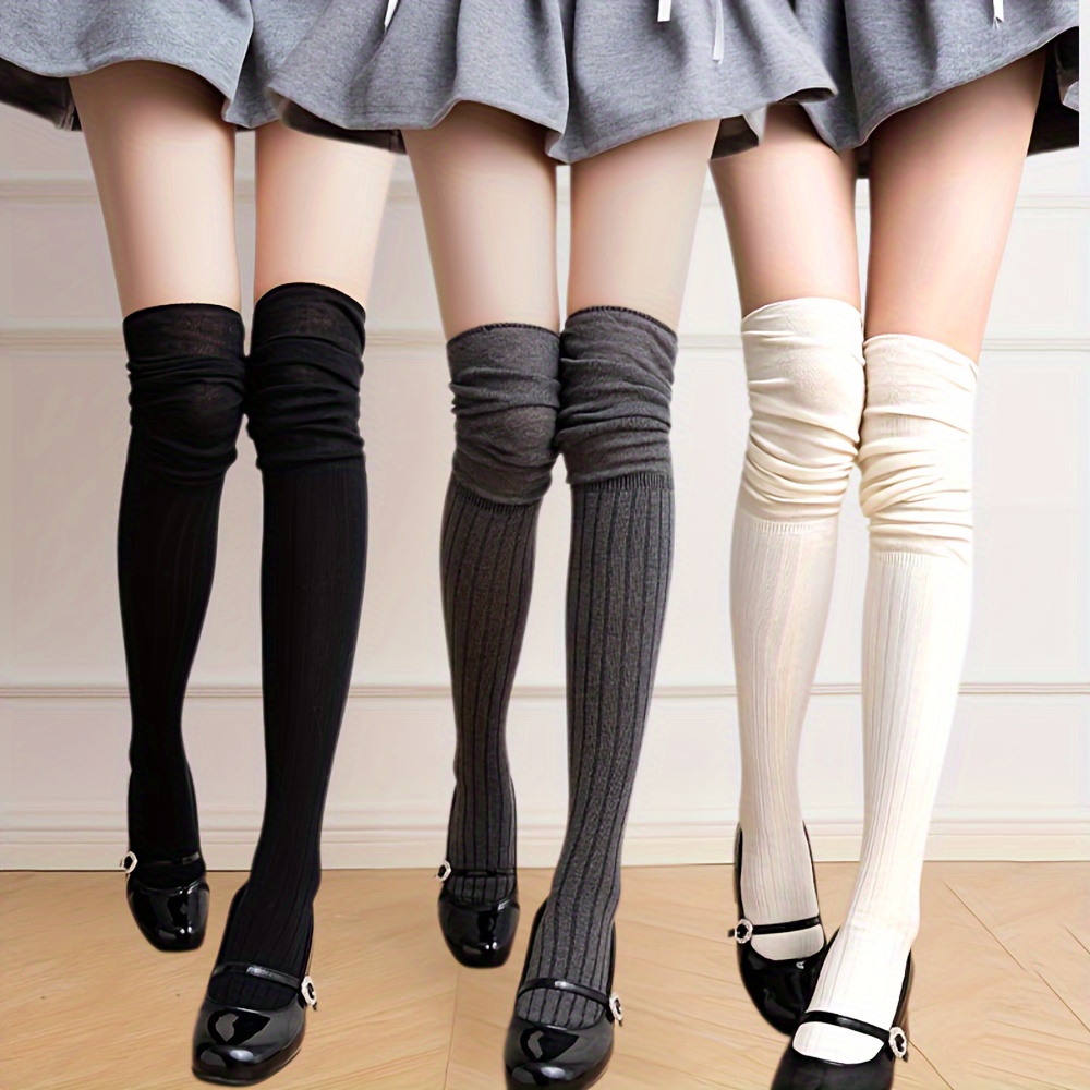 

3pcs Elegant Women's Over-the-knee Socks In Solid Colors - Comfortable Thigh-high Stockings, Fall & Winter, Stretchy Polyester/spandex , Machine Washable, Cute Socks