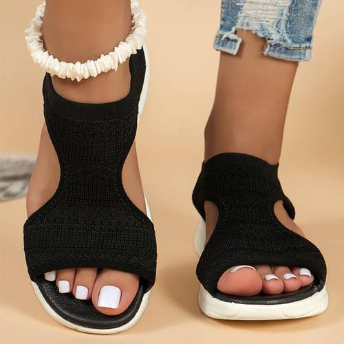womens lightweight knit slip on sandals open toe low wedge breathable fabric for casual walking