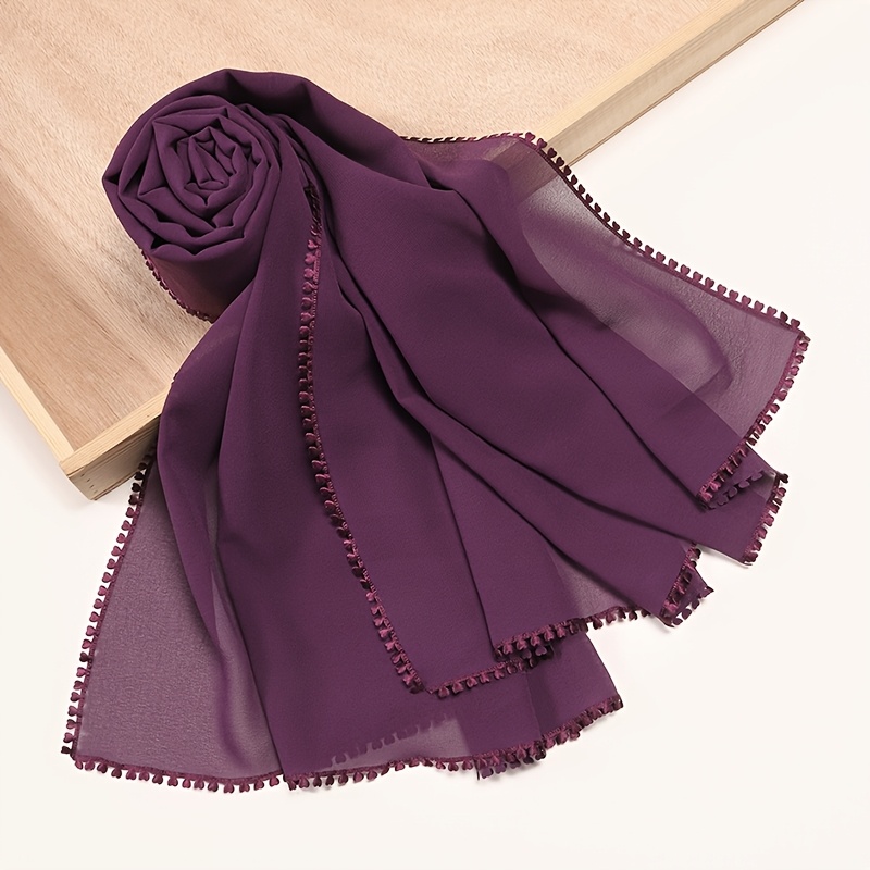 TEMU 1pc Women's Solid Color Elegant Chiffon Mullah Scarf With Tassels And Lace, Lightweight And Breathable Headscarf Shawl Long Scarf