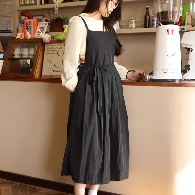 TEMU 1pc Long Pleated Apron With Adjustable Suspenders, Including Pockets, Front And Back Two-piece Design Women's Apron For Home Kitchen | Living