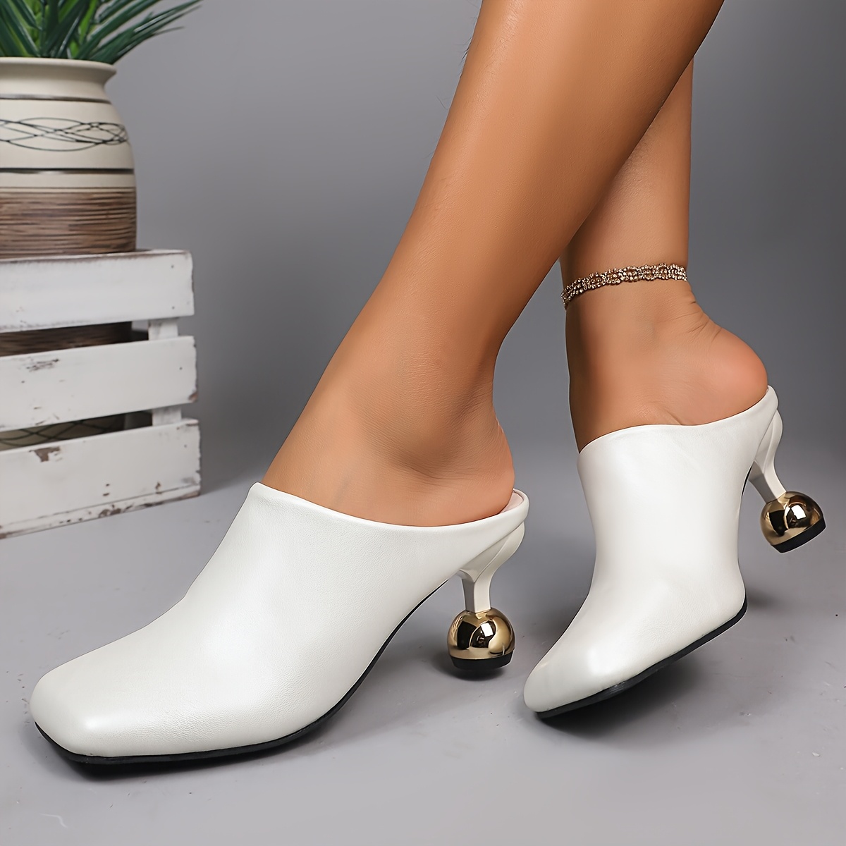 Ladies Fashion High Heel Cap Toe Slip-on Sandals, Summer New Vintage, Synthetic Upper, Rubber Sole, Synthetic Insole, with Strappy Back for Wome