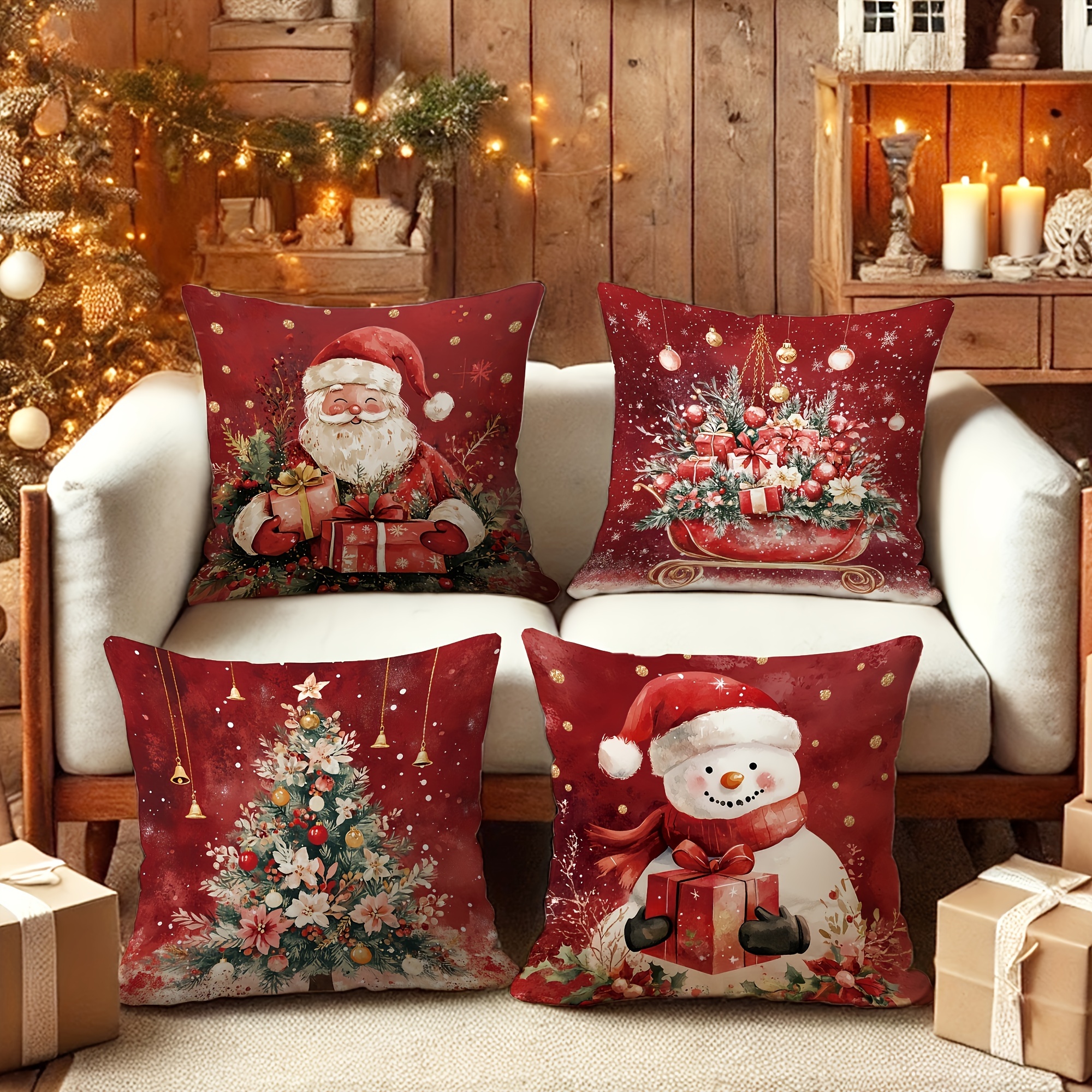 

Christmas Decor: 4pcs Set Of Santa & Snowman Velvet Cushion Covers - Single-sided Print, 18"x18", Sofas, Chairs & Outdoor (inserts Not Included)