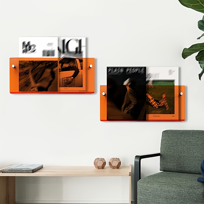 Image of A Set Of 2 Acrylic Magazine Racks, Wall-mounted Floating Bookshelves Made Of Acrylic, Suitable For , Living Rooms, Offices, And Homes In Orange Transparent Color, Measuring 15.7 Inches