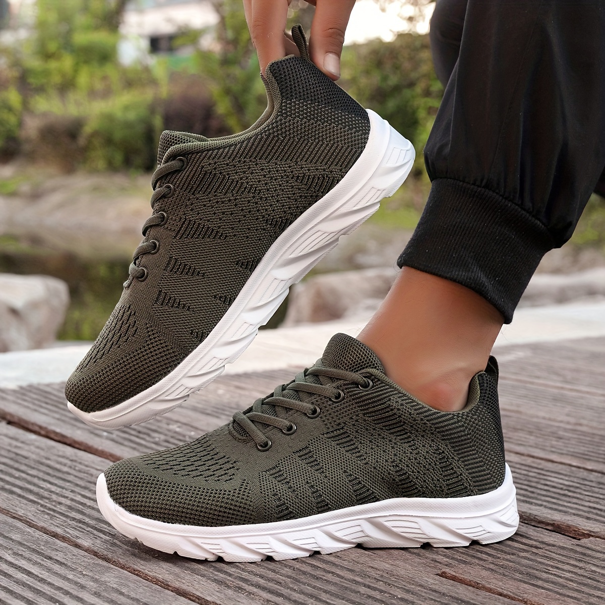 *'s Breathable Knit Mesh Running Shoes Solid Pattern Daily Leisure,  Lace-Up Closure, Low Top, Fabric Upper, MD Sole, F