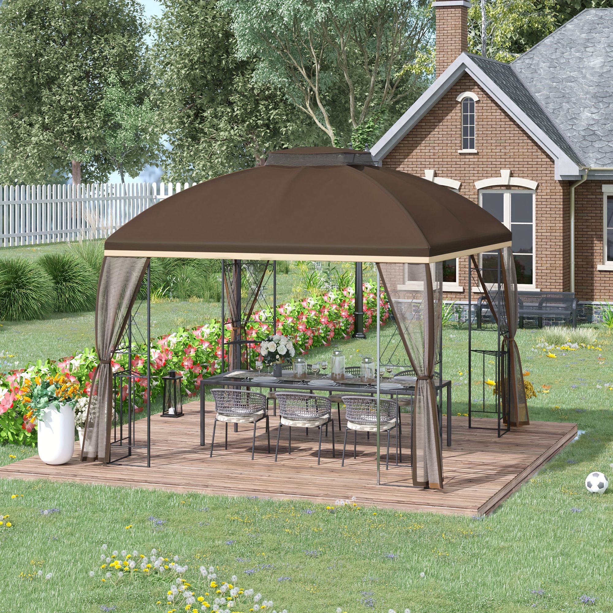 

Outsunny 10' X 10' Patio Gazebo With Corner Shelves, Double Roof Outdoor Gazebo Canopy Shelter With Removable Mesh Netting, For Garden, Lawn, Backyard And Deck, Brown