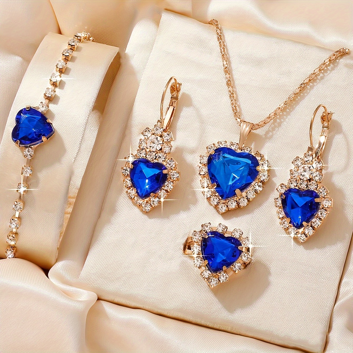 

Luxurious Jewelry Set With Blue And Pink Synthetic Gem Heart Shaped Pendant Necklace Earrings And Ring Set Valentine's Day Jewelry Gifts