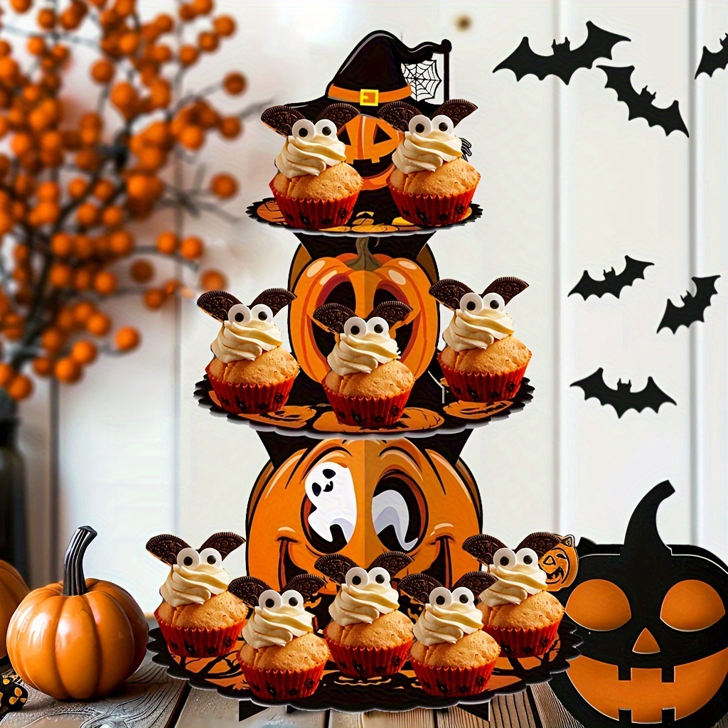 

3-tier Halloween Cupcake Stand, Cardboard Pumpkin Dessert Tower With Spider And Web Design, Holds 12-24 Cupcakes, No Power Required, Featherless Seasonal Decor For Home & Kitchen