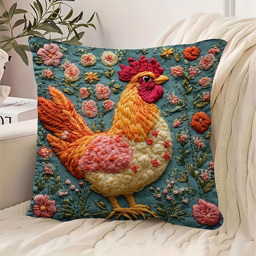 

1pc Contemporary Chicken Embroidery Pillow Cover, Double-sided, Hand Wash, Zipper Closure, Woven Polyester Decorative Cushion Case 18x18inch For Sofa, Chair, Bed, Car, Living Room - No Insert