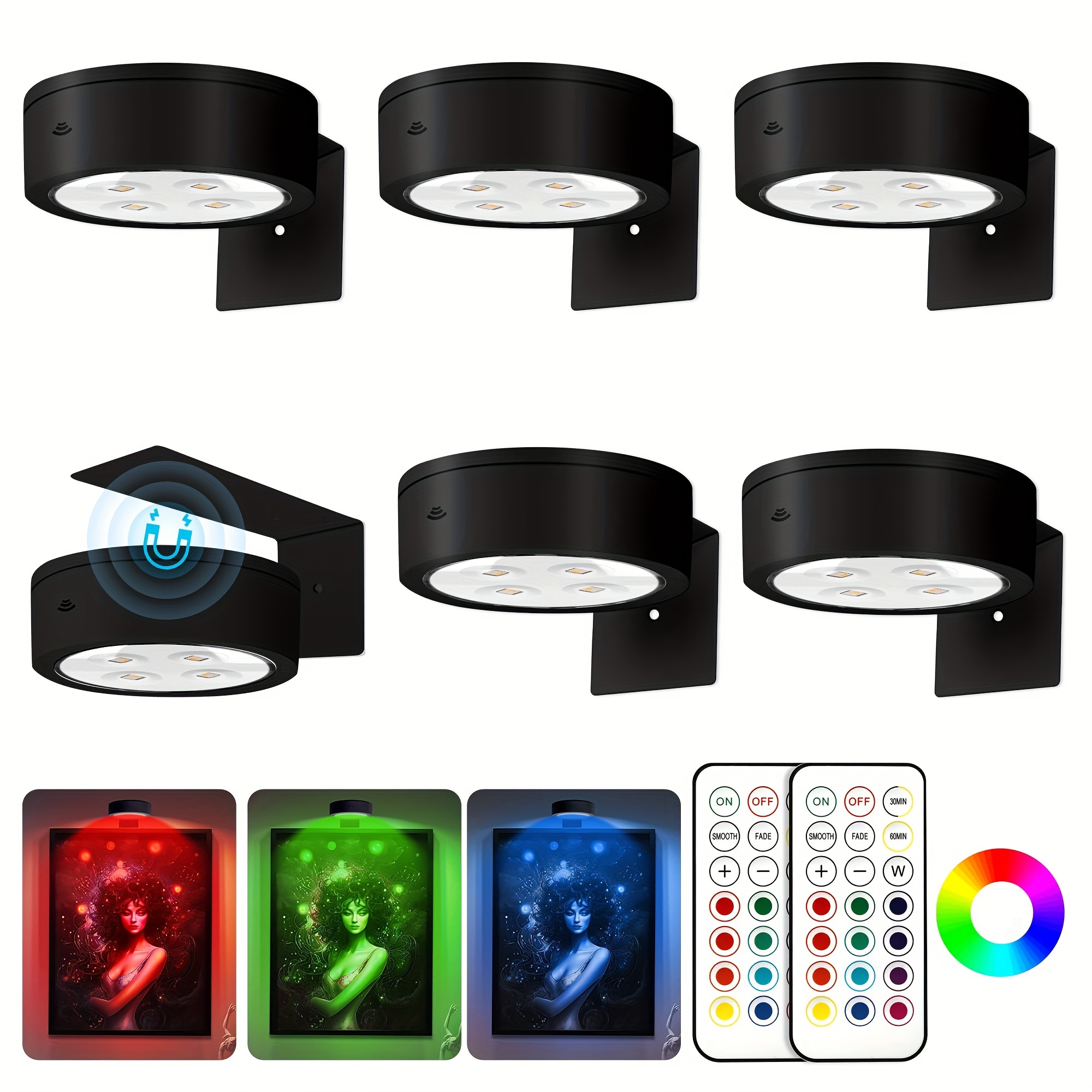 TEMU 6pcs Picture Light Battery Operated, 13 Rgb Color Magnetic Led Art Display Light For Picture Frame Artworking, Wireless Painting Light With