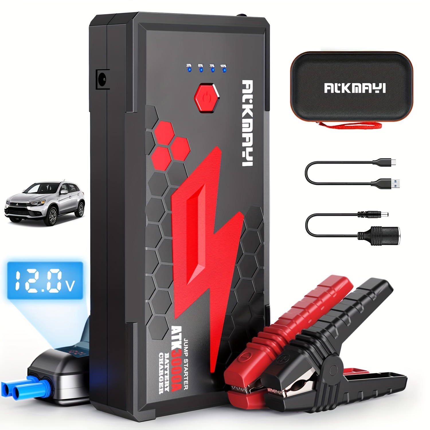 

3000a Car Battery , Up To 10.0l Gas And 8.0l Diesel Engines, Car , Portable Box -c Charger 3.0 And Led