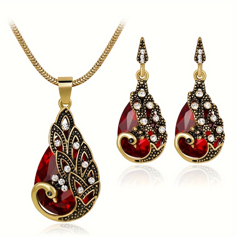 

New Vintage Women Elegant Peacock Waterdrop Rhinestone Pendant Necklace Earrings Crystal Jewelry Set Wedding Jewlery