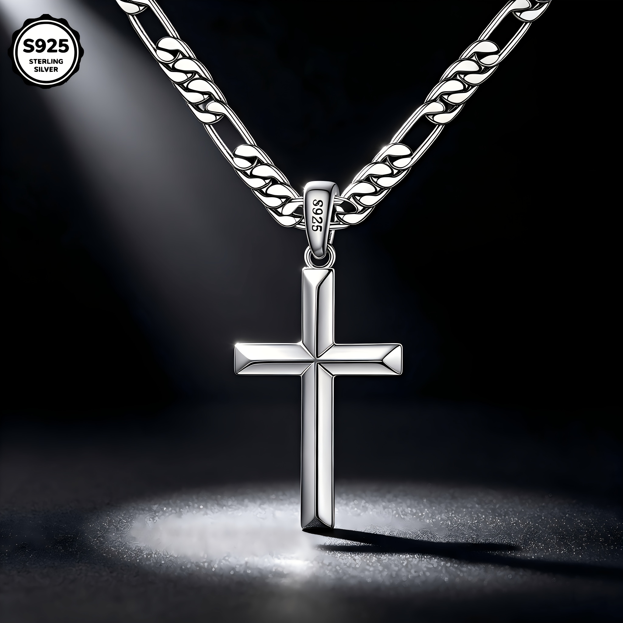 925 Silvery Solid Beveled Cross Choker Necklace For Men, Solid Cut Chain Design, Stylish Durable Craft, Ideal Holiday Gift With Gift Box