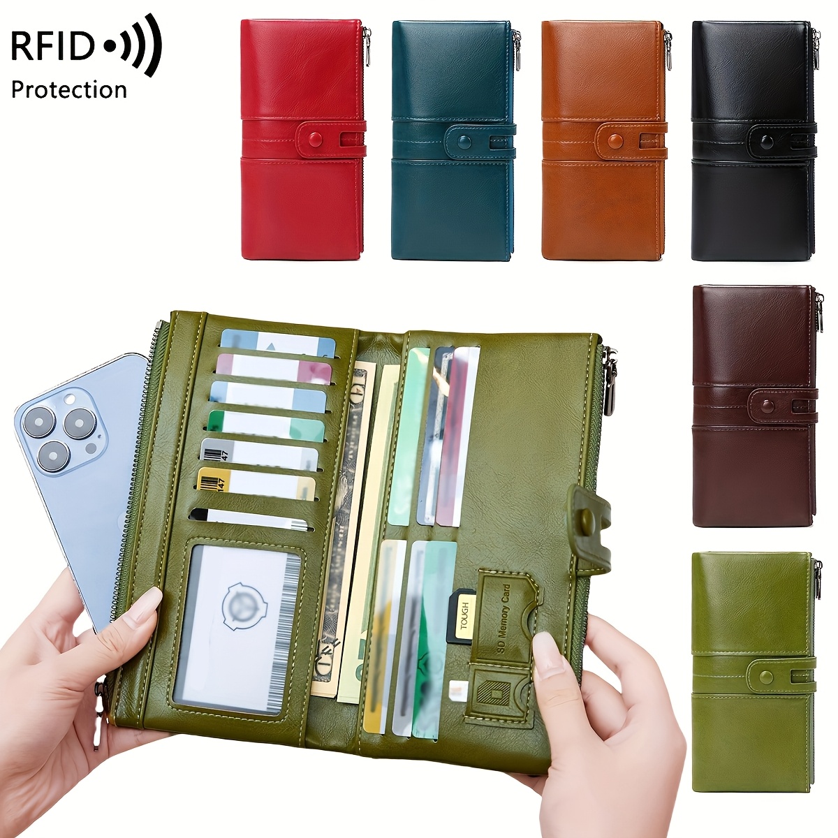 

Rfid Anti-theft Brush Double Layer Large Capacity Women's Purse Vintage Zipper Purse Soft Leather Long Purse