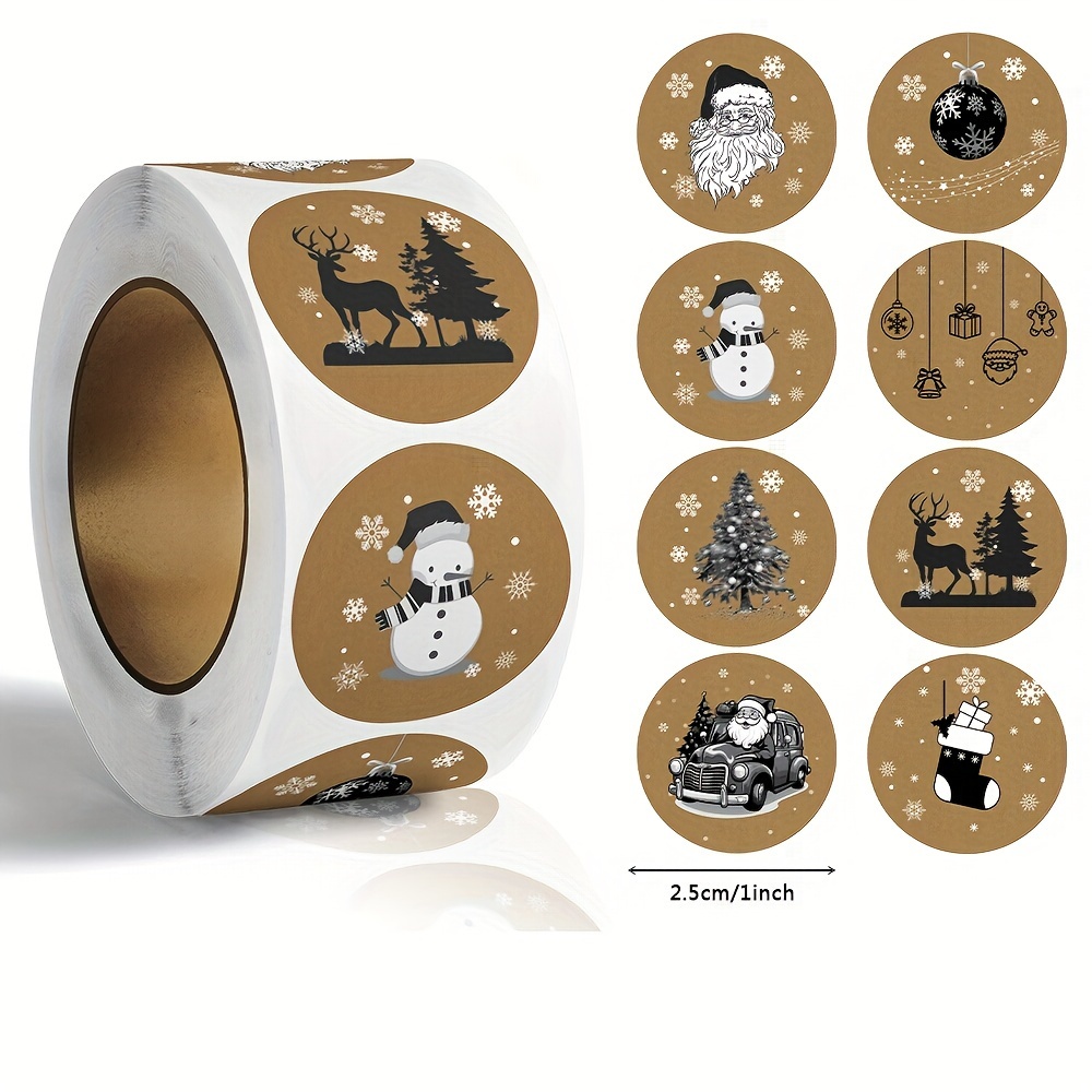 

500-pack Christmas Kraft Paper Stickers Roll, Holiday Themed Santa, Snowman, Christmas Tree, & Other Festive Designs, 1 Inch Round Self-adhesive Labels For Gifts, Baking, And Party Decorations