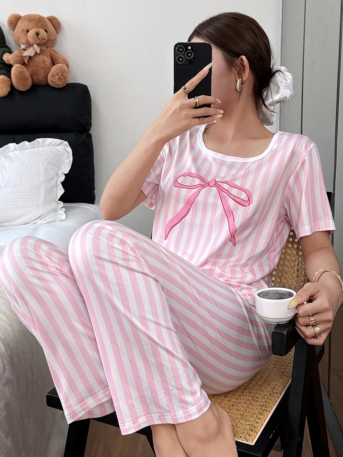 Women's Casual Pinstripe Bow-tie Short Sleeve Long Pants Pajama Set