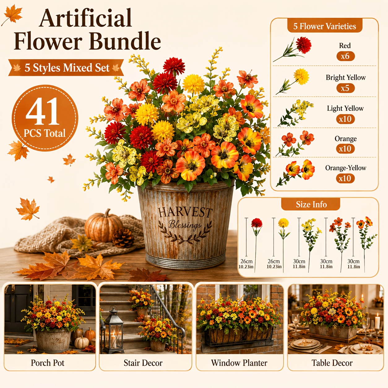 TEMU 41pcs High-end Autumn-colored Artificial Ball Chrysanthemum Bouquet With Pansies And Violets, Yellow, Orange, And Wine Red , Dense Orange-leaf