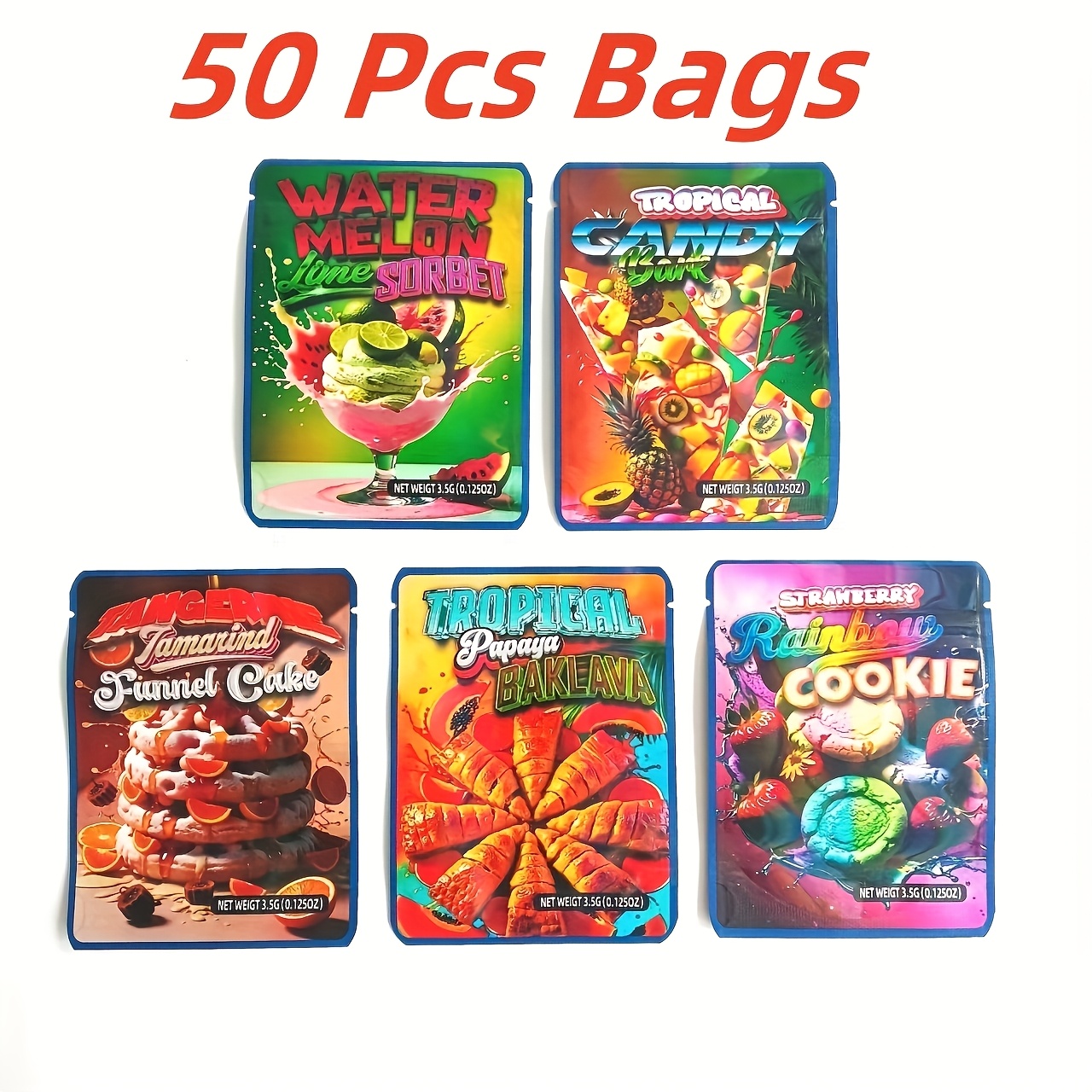 TEMU 50pcs Gift Bags, 10 Bags Pattern, Reusable Holographic 3.5g Mylar Bags - Waterproof, Vibrant For Gift Packaging, Candy Storage & Holiday Decor