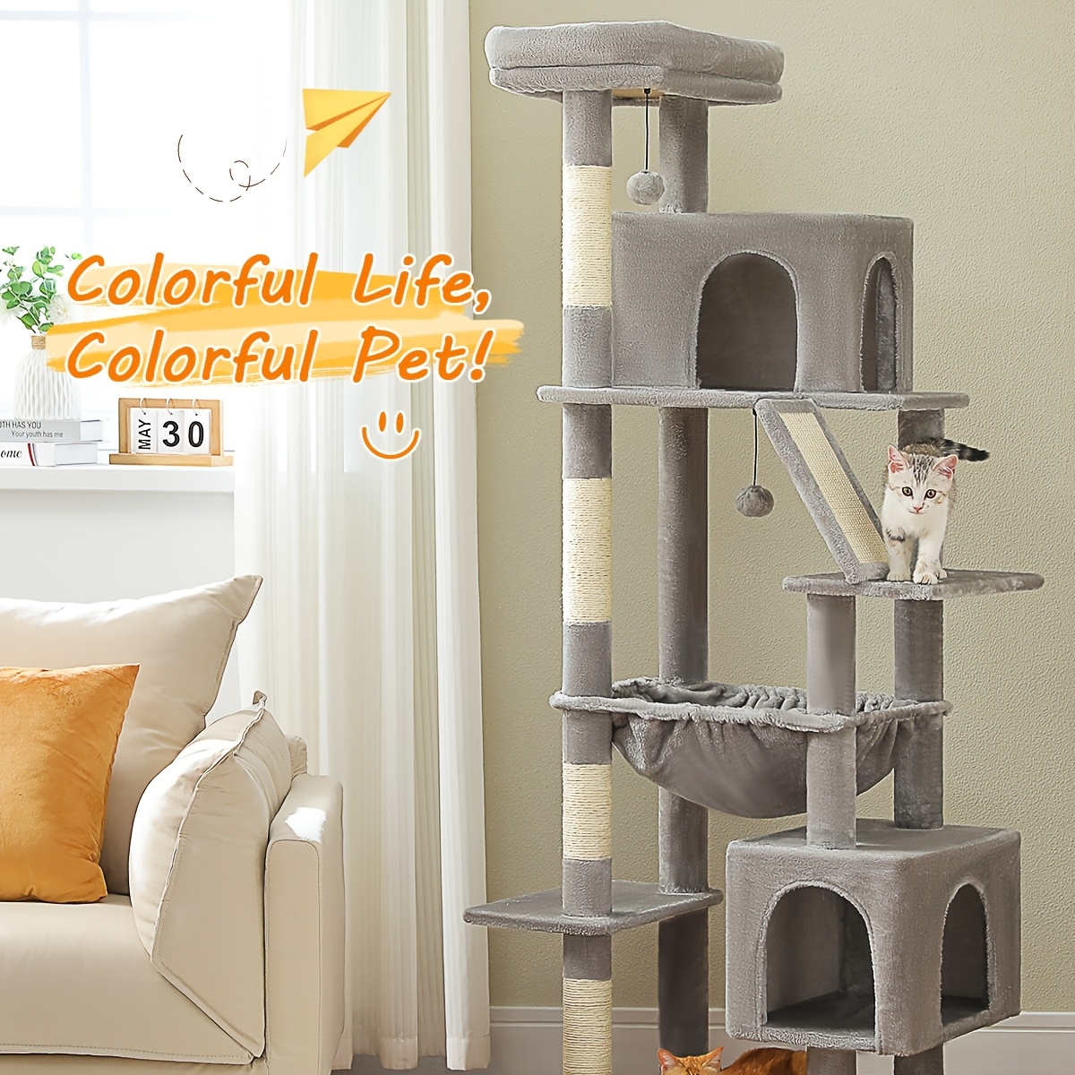 E-shop Road 180 cm hoher Katzenbaum für große Katzen bis 9 kg (20 lbs) mit Super-Hängematte, robustes Katzenbaumhaus mit 4 Sisal-Krallenbäumen und 2