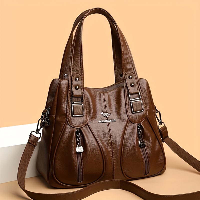 TEMU Vintage Minimalist Women's Shoulder Bag, From Premium Fabrics With A Delicate Texture. Features Multiple Pockets With Zipper Designs For