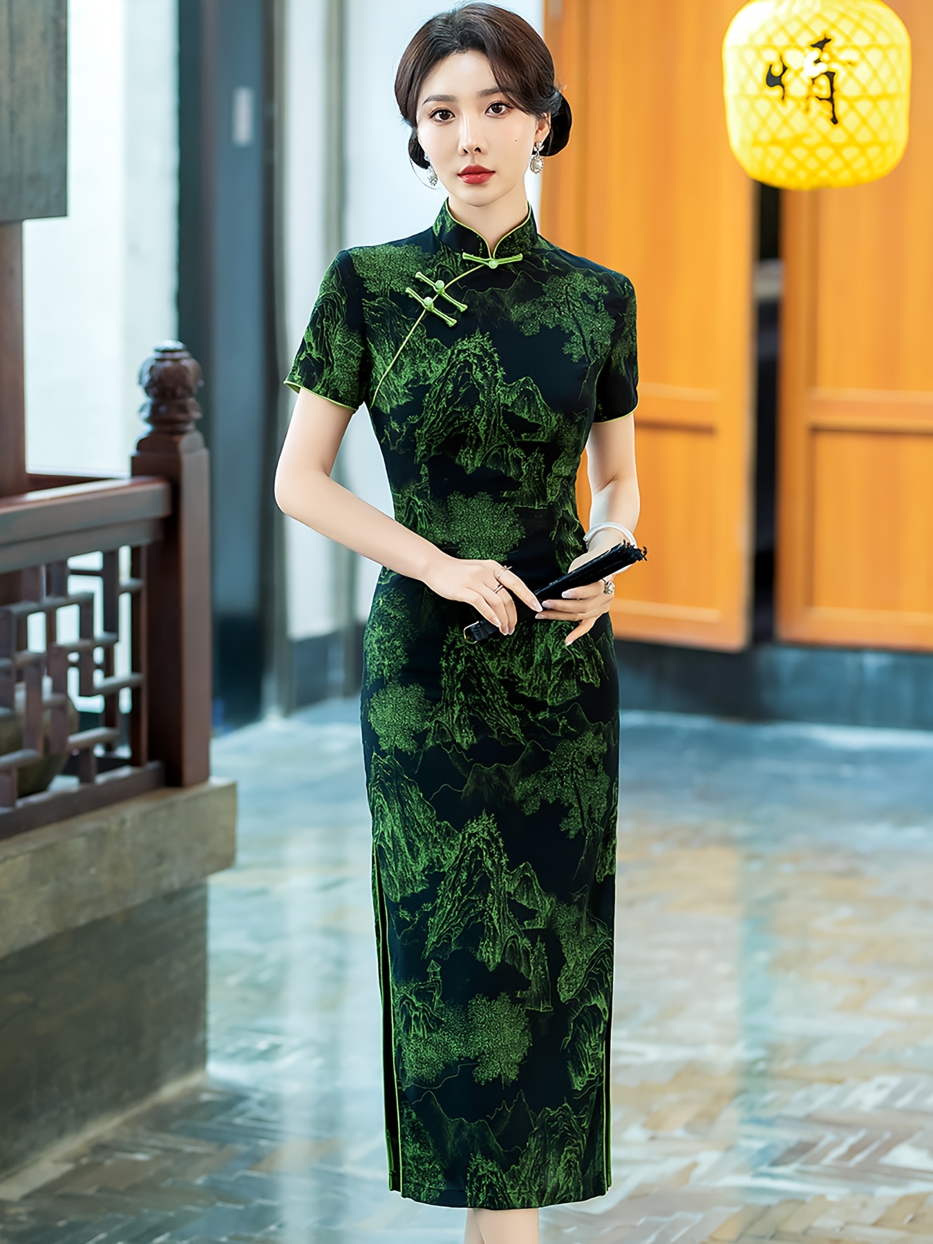 * Retro Chinese Style Long Short Sleeve Cheongsam, 2025 Spring And Summer  Emerald Green Cheongsam, Chinese Traditional * Cheongsam, Daily Banquet  Cheongsam