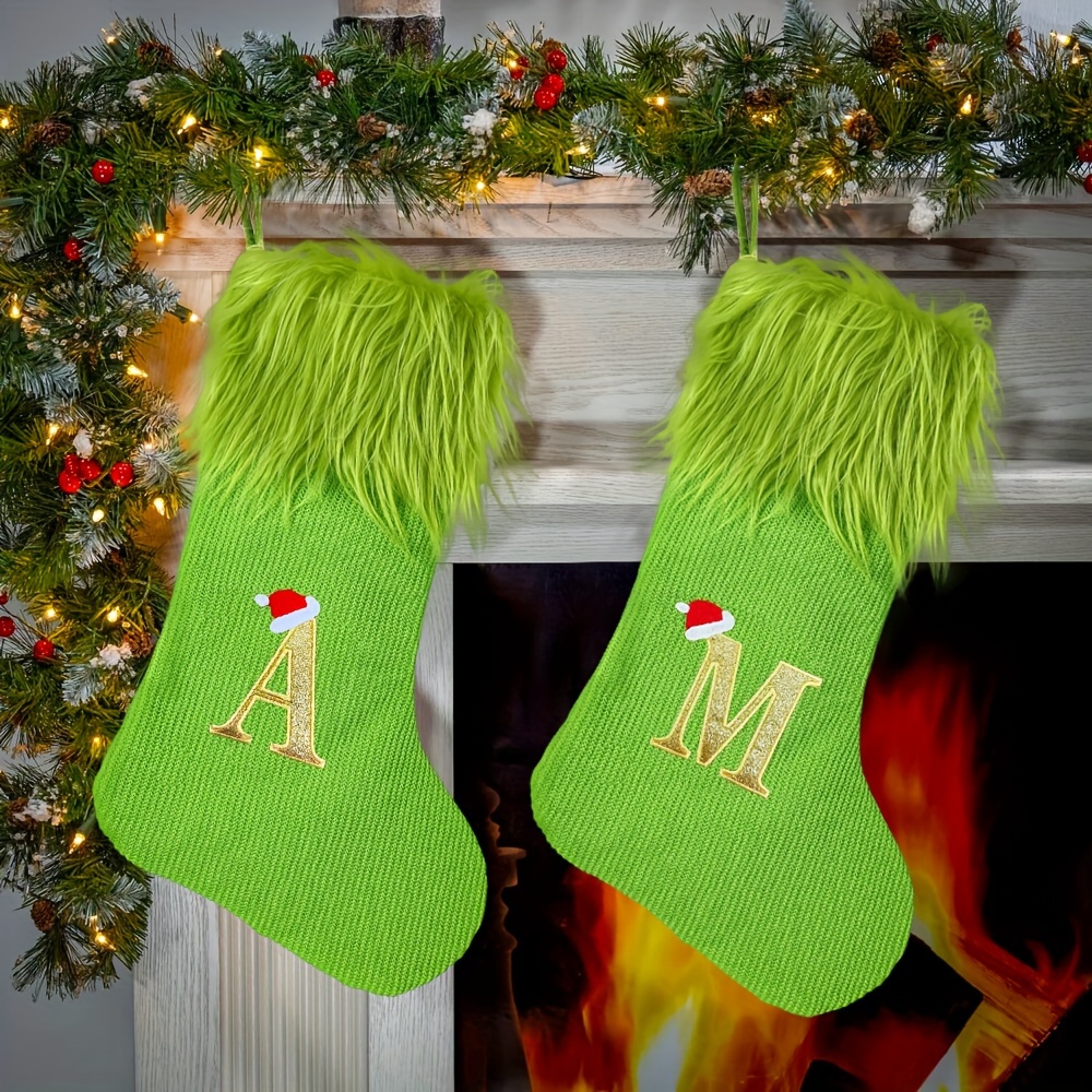 

Contemporary Personalized Green Christmas Stocking With Velvet Cuff And Embroidered Initial - Polyester Holiday Mantel Decoration, Christmas And New Year Gift Bag - Single Pack