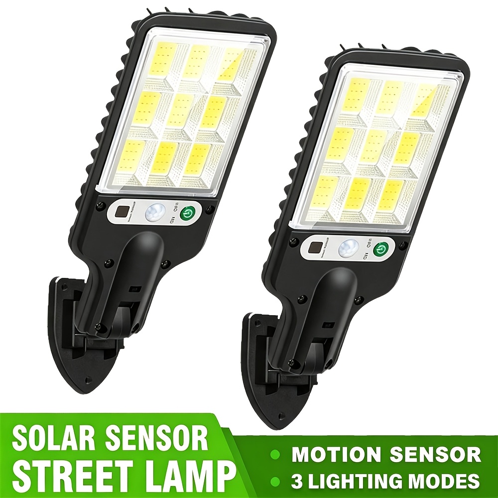 TEMU Lot de 2 lampadaires solaires d'extérieur avec détecteur de mouvement, applique murale solaire de sécurité 108 LED, 3 d'éclairage, mise /arrêt