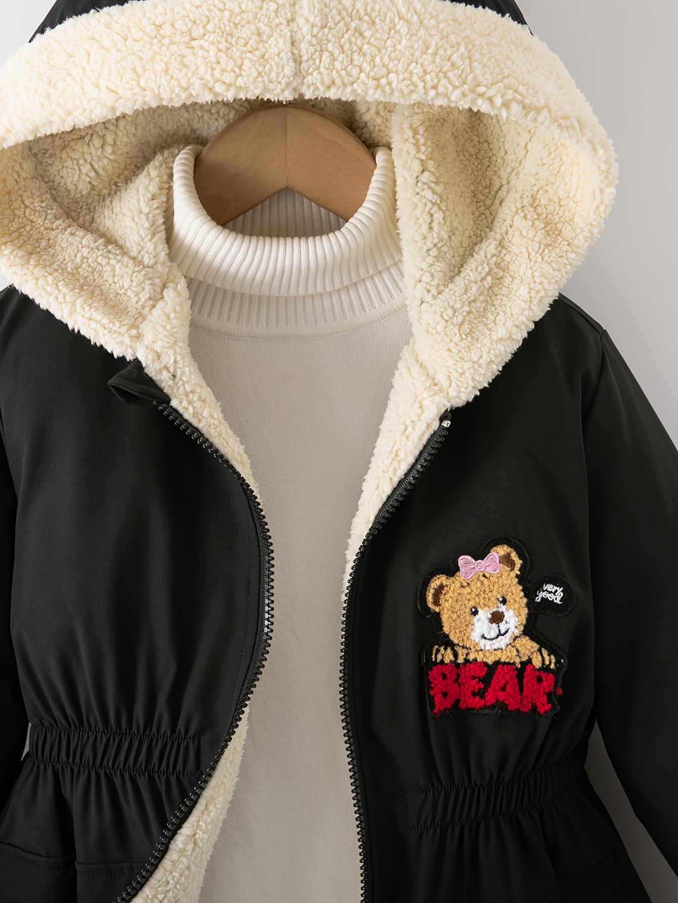 Girls' Cartoon Bear Embroidered Patchwork Hooded Jacket