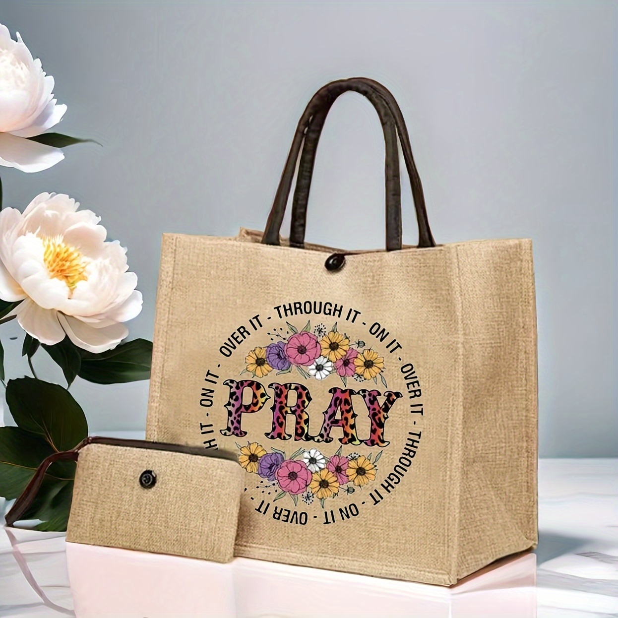 

2pcs Flower Pray Letter Pattern Tote Bag Set, Lightweight Burlap Shopping Bag, Portable Travel Beach Bag With Makeup Bag