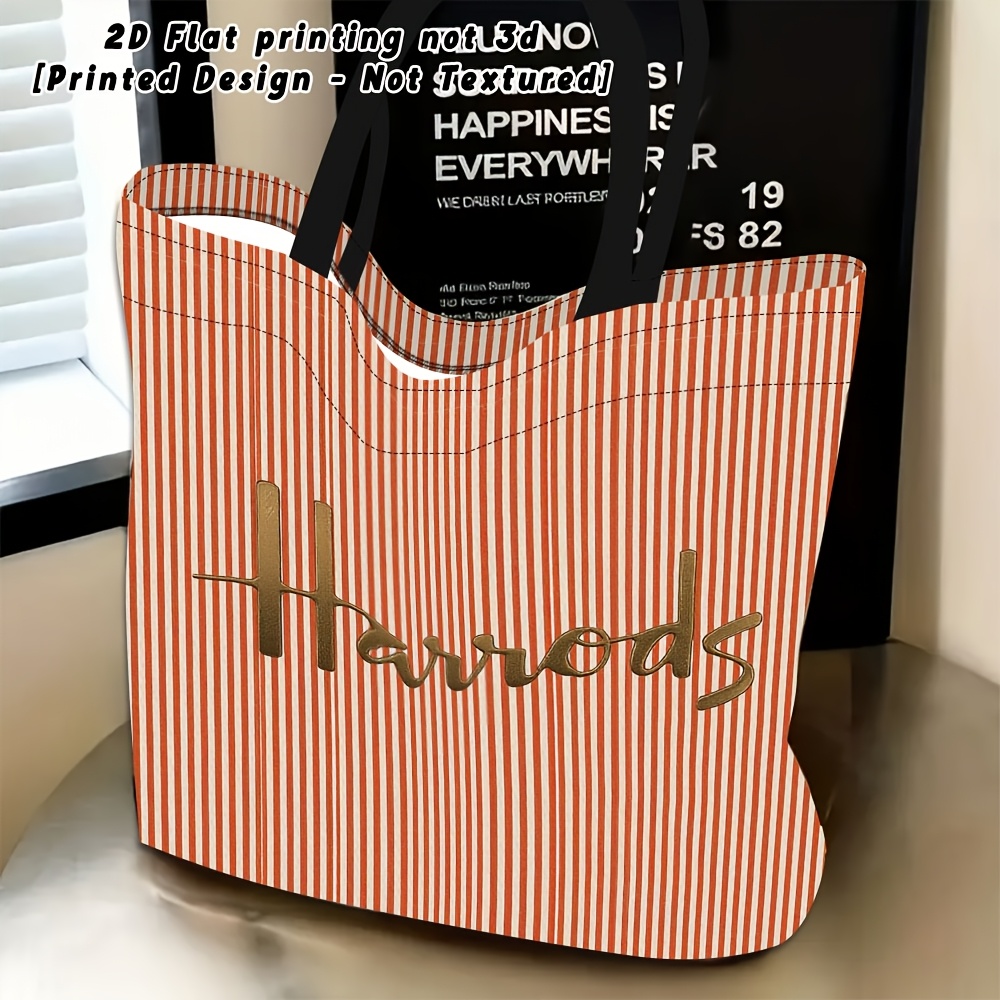 TEMU 1pc, 2d Flat Women's Shoulder Bag, Red Striped Background With Golden "" Lettering, Casual Use, Multi-functional Handbag, Suitable For Outdoor