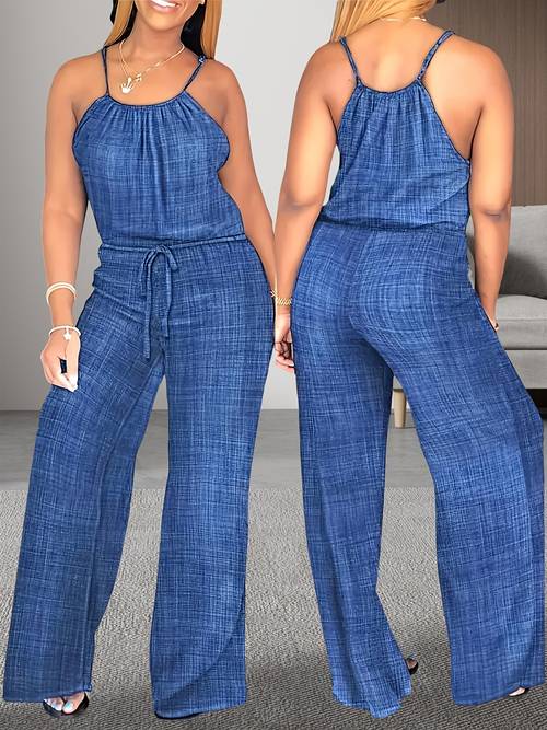 Print Off-Shoulder Sleeveless Jumpsuit with Pockets - Women s Regular Fit Straight Leg Non-Stretch Casual Attire, Machine Washable for Spring Summer Fall, Summer Fashion, Relaxed