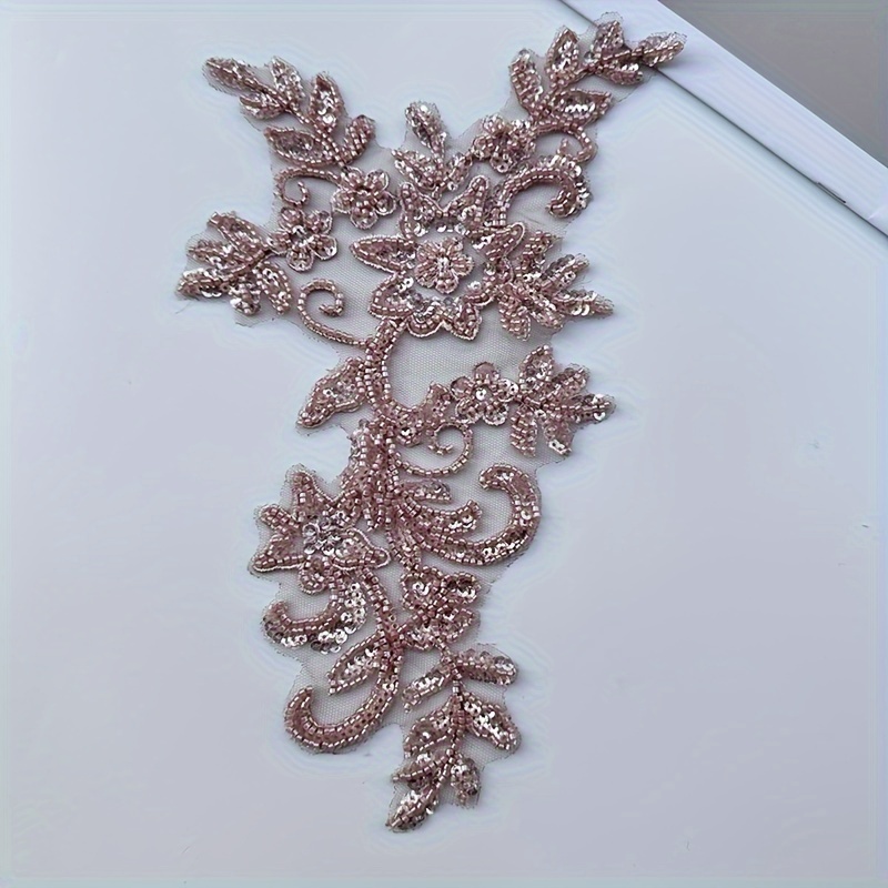 

Pink For Lotus 3d Floral Lace Trim With Beaded Rhinestones, Embroidery Applique Patch For Diy Sewing And Wedding Decor, 12.6" X 7.5