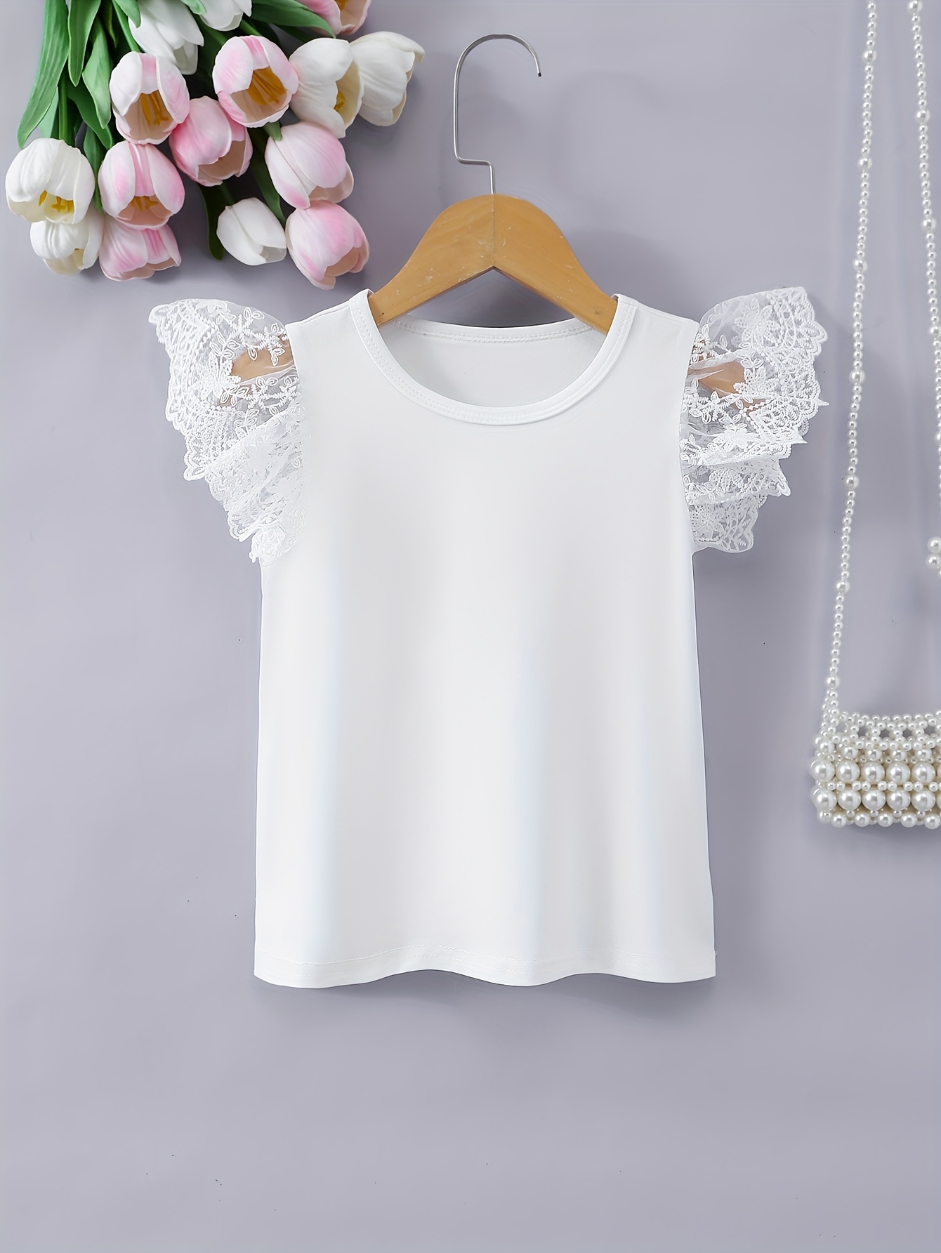 Girls' Summer Sleeveless Blouse with Lace Trim Angel Wings Soft Pink  Round Neck Casual Top, Lightweight Breathable Fabric for Playtime Casual 