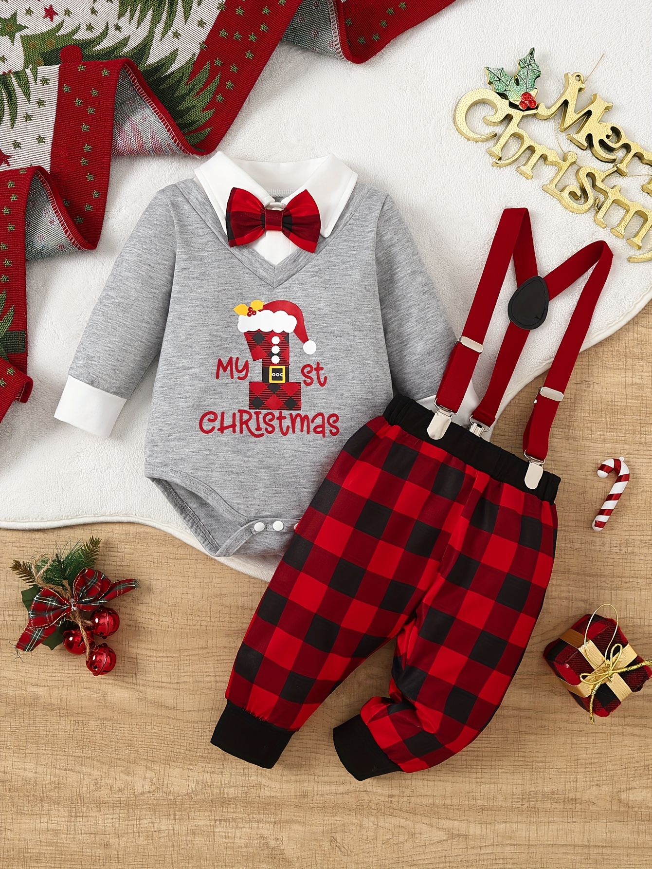 Jongens Pasgeboren Kerst Herenoutfit - Lange Mouwen Overhemd met Kerstmuts & Geruite Broek, Rood & Zwart Geruit Patroon, Knoopsluiting