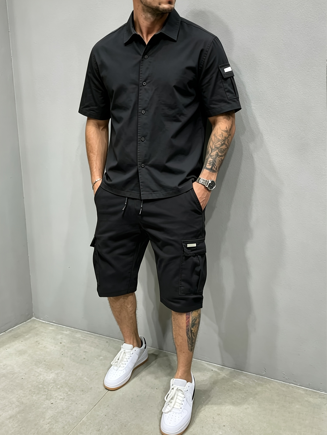 Men'S Two-Piece Set: Short Sleeve Open-Front Shirt with Workwear Shorts in Casual Streetwear Style